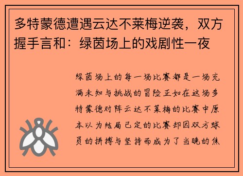 多特蒙德遭遇云达不莱梅逆袭，双方握手言和：绿茵场上的戏剧性一夜