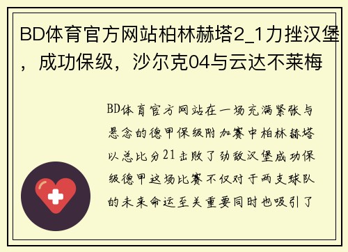 BD体育官方网站柏林赫塔2_1力挫汉堡，成功保级，沙尔克04与云达不莱梅重返德甲
