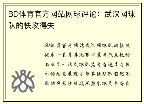 BD体育官方网站网球评论：武汉网球队的快攻得失