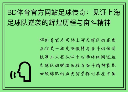 BD体育官方网站足球传奇：见证上海足球队逆袭的辉煌历程与奋斗精神