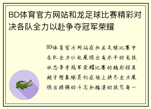 BD体育官方网站和龙足球比赛精彩对决各队全力以赴争夺冠军荣耀